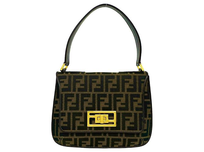 Fendi Zucca FF Pattern Canvas and Leather Shoulder Bag Brown Black
