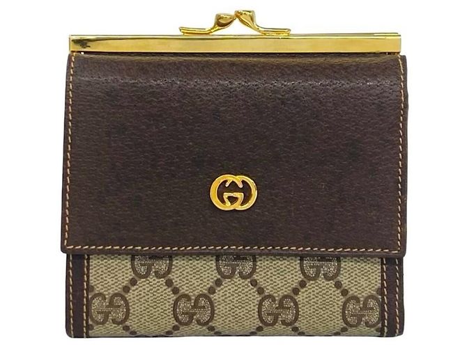 GUCCI Old GG Logo Pattern Leather Tri-fold Wallet Brown