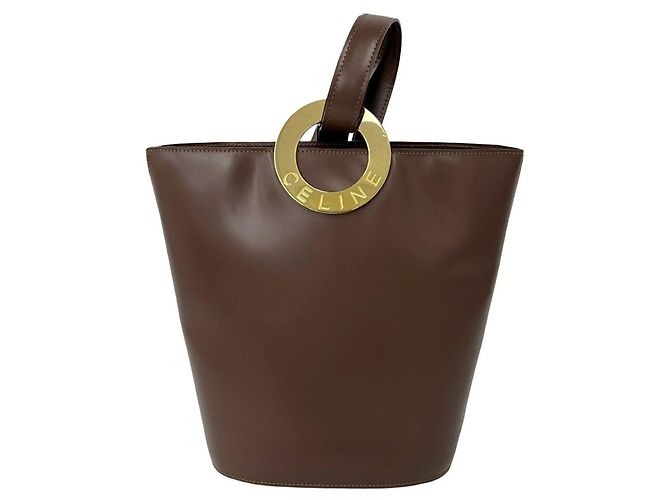 Céline Celine Vintage Circle Logo Hardware Leather Shoulder Tote Bag Brown