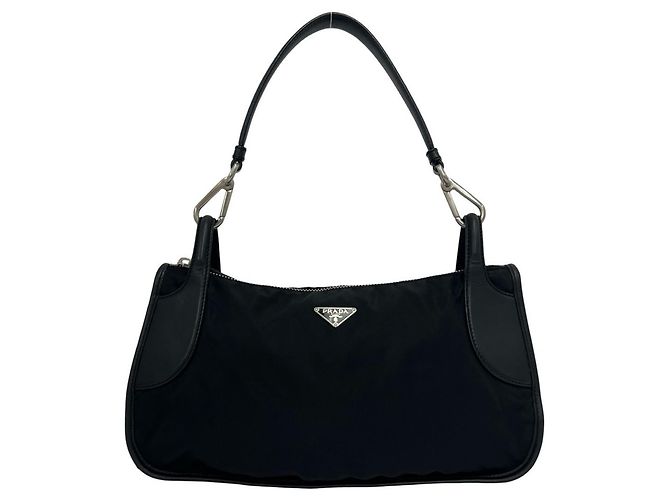Prada Triangle Logo Hardware Tessuto Pocono Nylon Leder Semi One Shoulder Bag Tote Schwarz