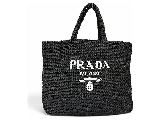 Saco Tote de Crochê Prada em Ráfia Preta Preto