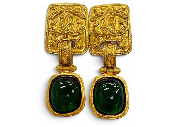 Orecchini Chanel Vintage 95A Coco Mark Gripoix Swing D'oro Verde