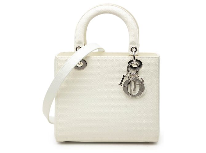 Dior White Medium Patent Microcannage Lady Dior Weiß Roh