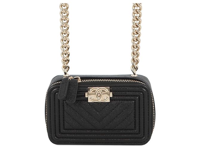 Le Boy Clutch Chanel Boy Mini Chevron Caviar Preta com Corrente