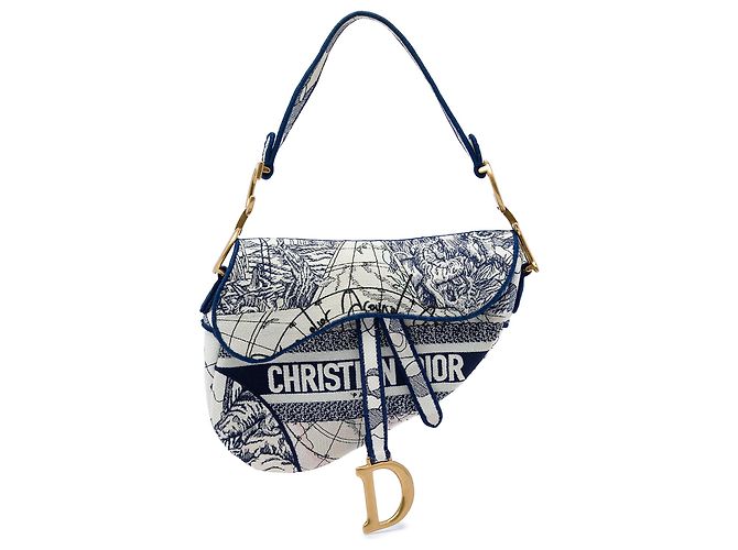 Bolsa Saddle Dior em lona azul bordada Around the World