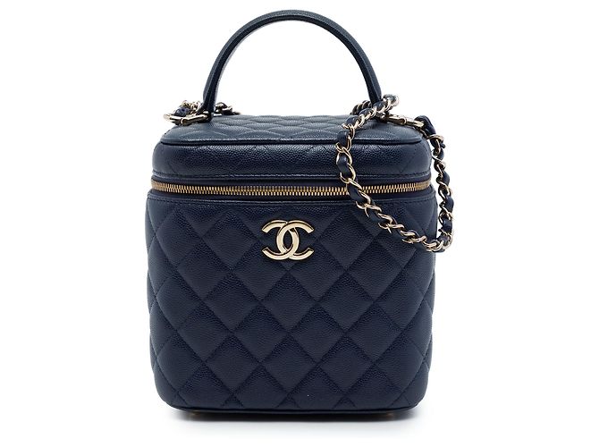 Chanel Blue CC Quilted Caviar Top Handle Vanity Case with Chain