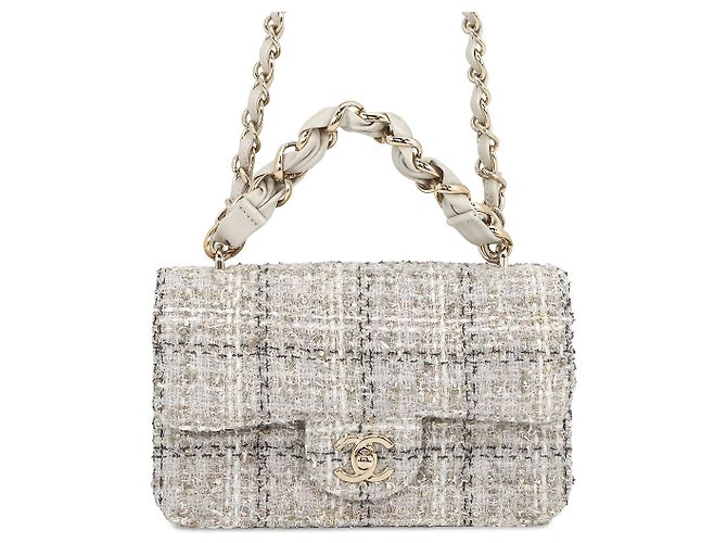 Chanel Gray Mini CC Quilted Tweed Chain Handle Flap