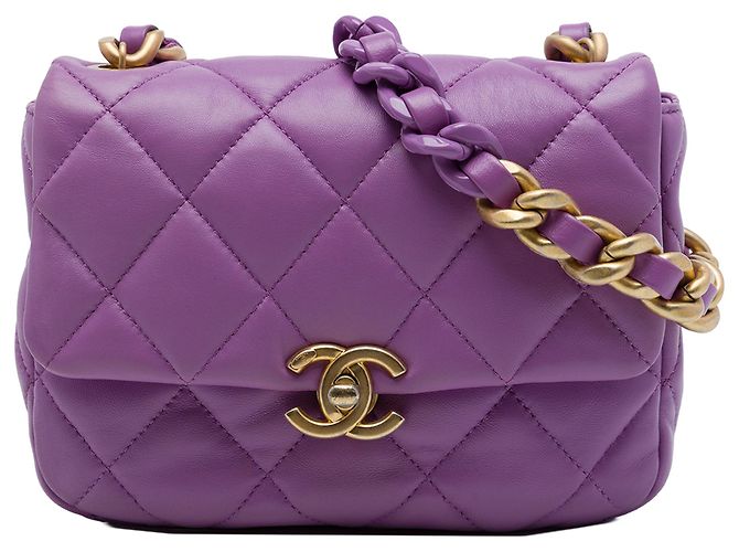 Chanel Mini Quilted Lambskin Lacquered Chain Flap Roxo