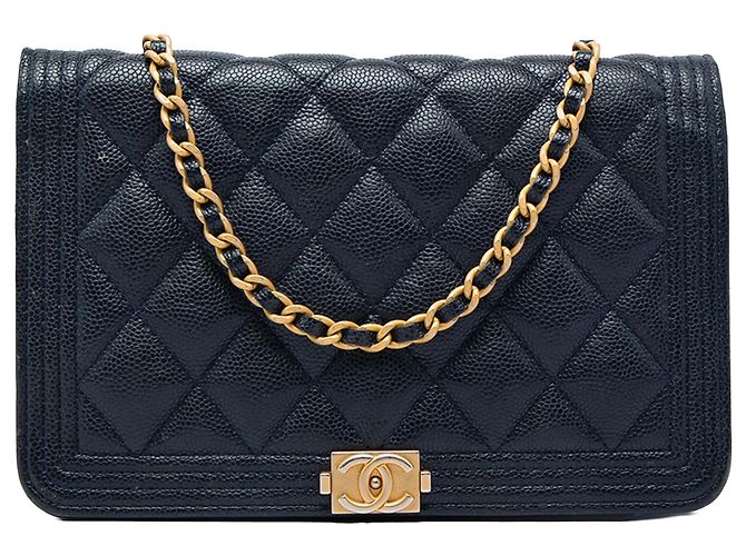 Chanel Blue Quilted Caviar Boy Wallet on Chain