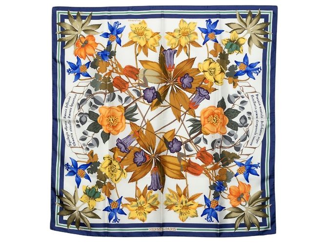 Hermès Hermes Carre 90 Fleurs d'Hellade Schal Weiß Blau Mehrfarben
