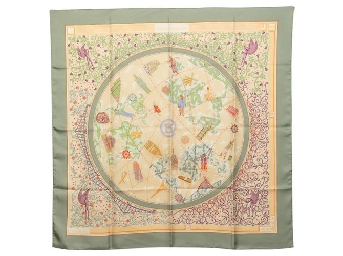 Hermès Lenço Hermes Carre 90 World Map Bege Verde