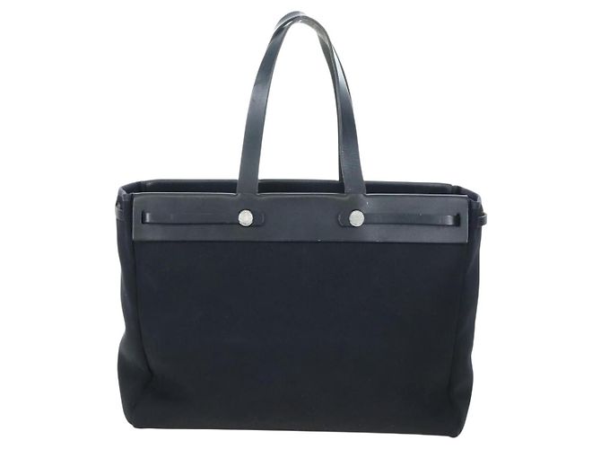 Hermès Herbag Cabas Toile and Leather MM Noir