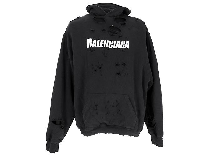 Balenciaga Logo Destroyed Hoodie aus schwarzer Baumwolle