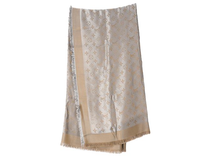 Sciarpa con frange Monogram Louis Vuitton in seta beige