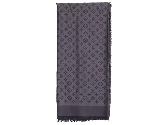 Louis Vuitton Monogram Schal mit Fransen aus grauer Seide