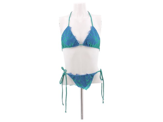 Autre Marque Bikini verde con encaje azul