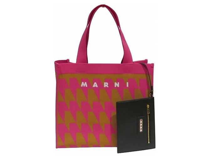 Marni Jacquard Medium Canvas Tote Bag Brown Pink