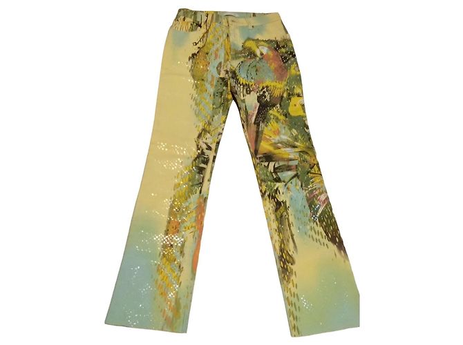 Roberto Cavalli Pantaloni stampati con pappagalli e paillettes