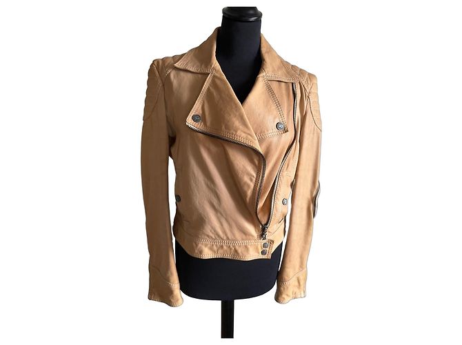 Galliano Beige Lederjacke im Biker-Stil