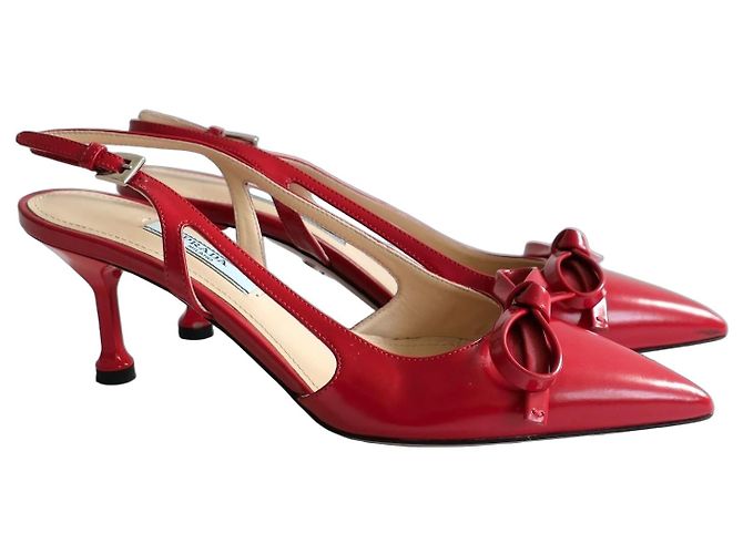 Prada Red Leather Bow Slingback Kitten Heels