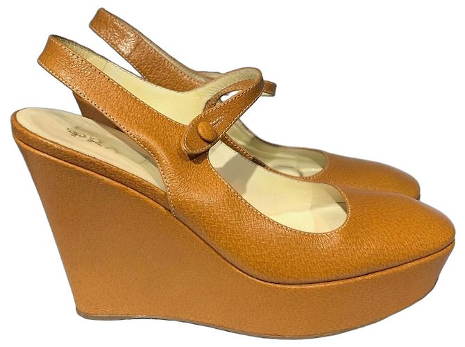 Prada Camel Leather Wedge Sandals Size 37