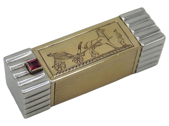 Hermès Art Deco 18K Gold and Silver Lipstick Case Silvery Golden