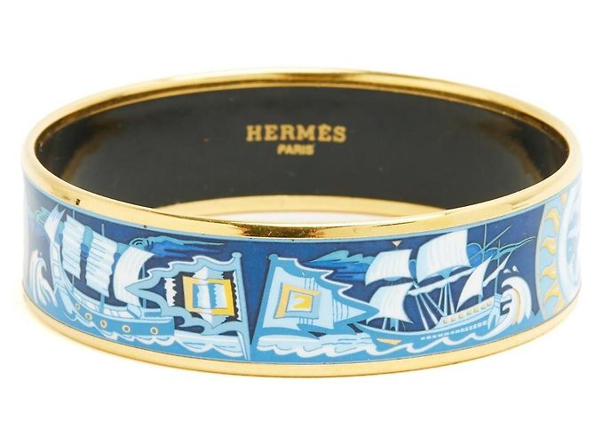 Hermès Brazalete de Esmalte Estampado Face au Large Blanco Azul Dorado