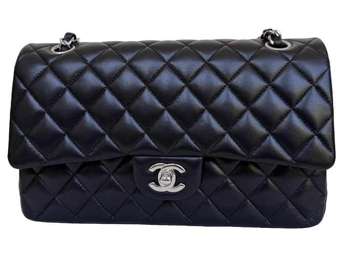 Timeless Chanel Classic Double Flap Medium Schwarz Lammleder Silber