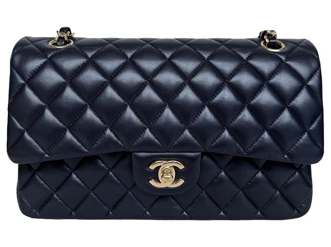 Timeless Chanel Classic Double Flap Medium Pele Cordeiro Preto Ouro