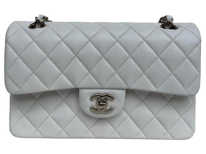 Timeless Bolsa Chanel Classic Double Flap Small Couro Caviar Branco