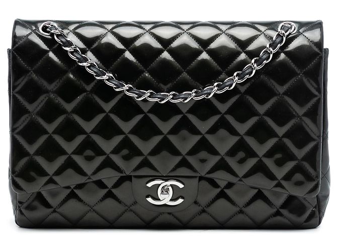 Borsa a tracolla Chanel Maxi Classic Striped Patent Double Flap Nera Nero