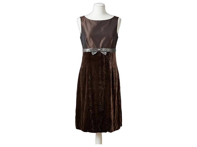 Max Mara braunes Samt- und Seidenkleid mit Juwelengürtel