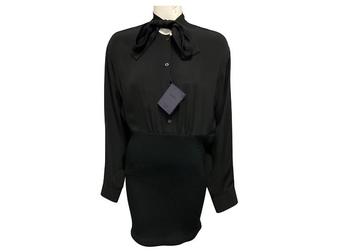 Vestido mini Prada de manga comprida em cady de seda e malha de lã preta Preto