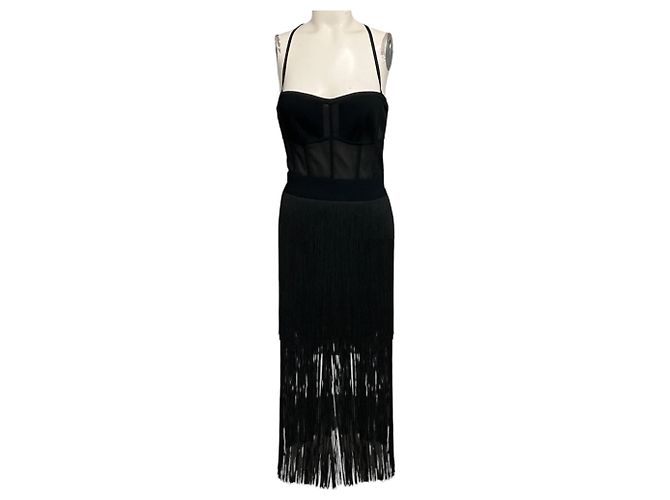 Herve Leger schwarzes Cocktailkleid Midi mit Bustier und Fransen