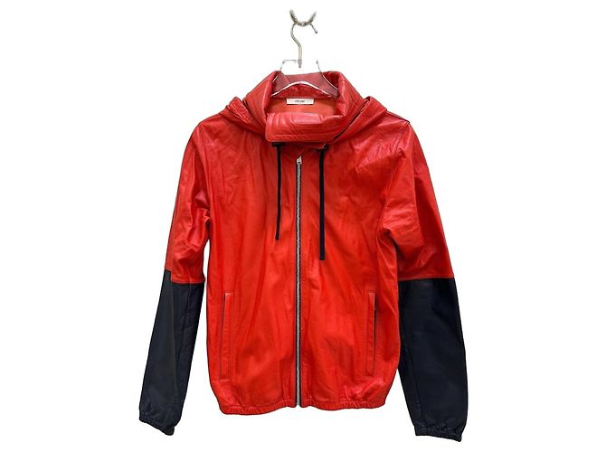 Céline Celine Color Block Lederjacke mit Kapuze in Rot & Navy Sz.38 gebraucht