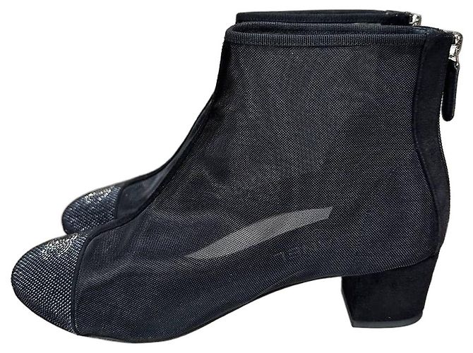 Chanel Black Mesh Ankle Boots Crystal CC Logo Sz.39 Pre-owned