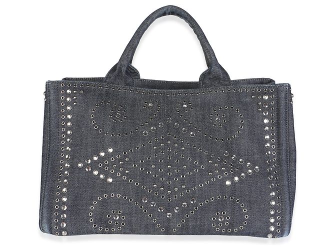 Prada Blue Crystal Embellished Denim Canapa Tote