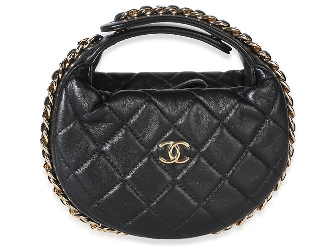 Gabrielle Bolsa Hobo Mini Chain Around Pouch em pele de cordeiro acolchoada preta Chanel
