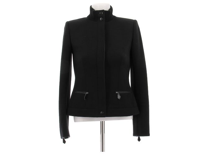 Giacca Hermès in lana nera con dettagli in pelle