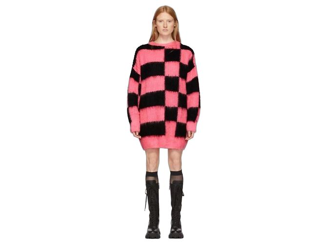 MSGM Pink and Black Checkered Mohair Blend Sweater Dress