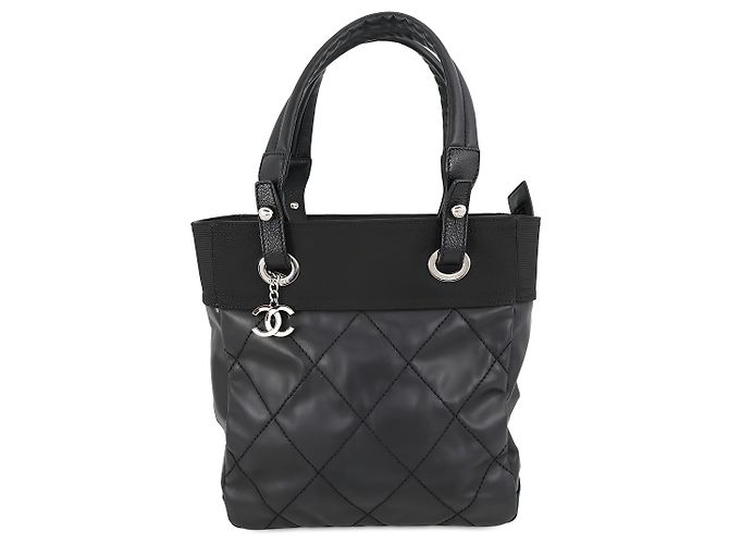 Sacola Chanel Paris Biarritz em lona revestida acolchoada preta Small