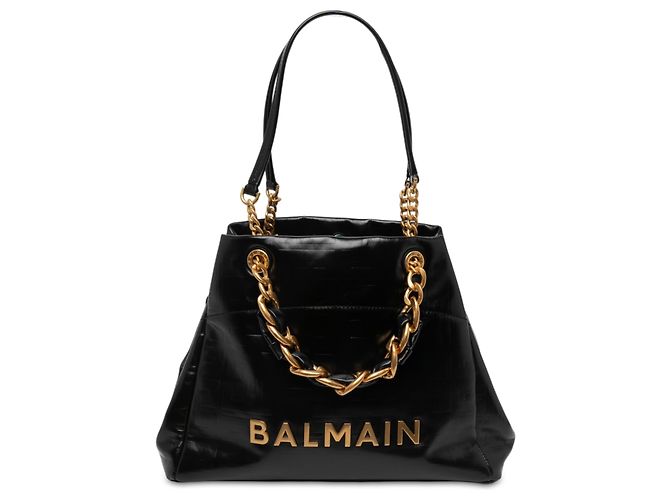 Tote Soft 1945 Balmain em couro de bezerro craquelado preto com relevo