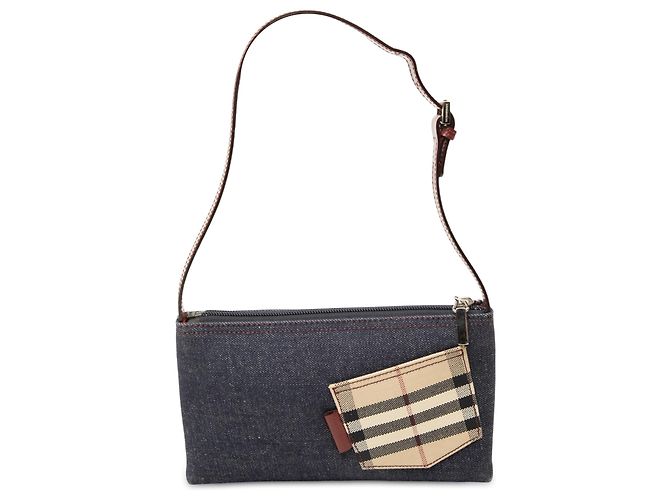 Bolsa de Ombro Burberry em Denim Azul com Patch House Check