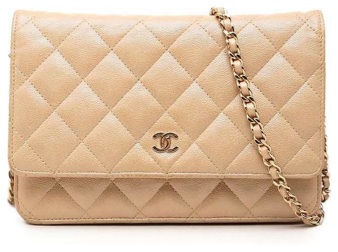 Chanel Beige CC Quilted Caviar Wallet on Chain