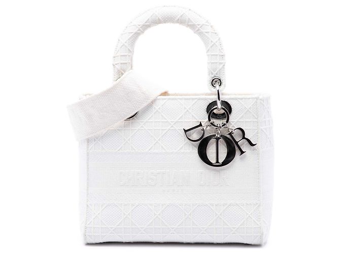 Dior White Medium Embroidered Canvas Cannage Lady D Lite