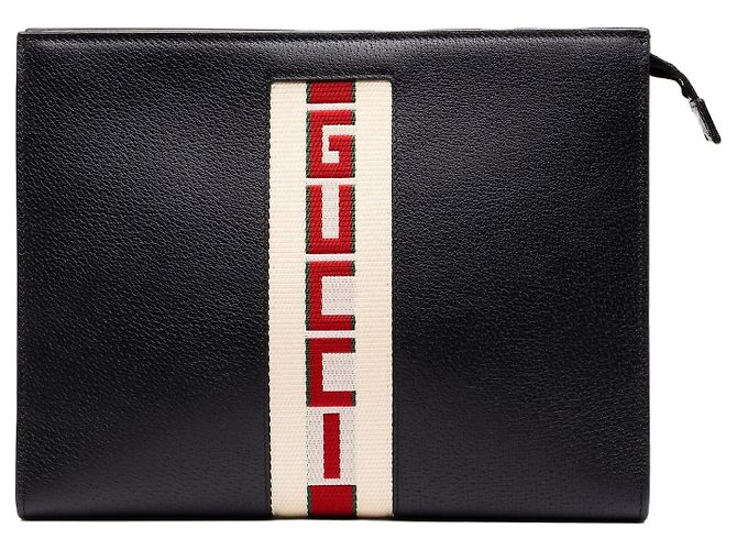 Clutch Gucci New Web in pelle di vitello nera con logo e banda