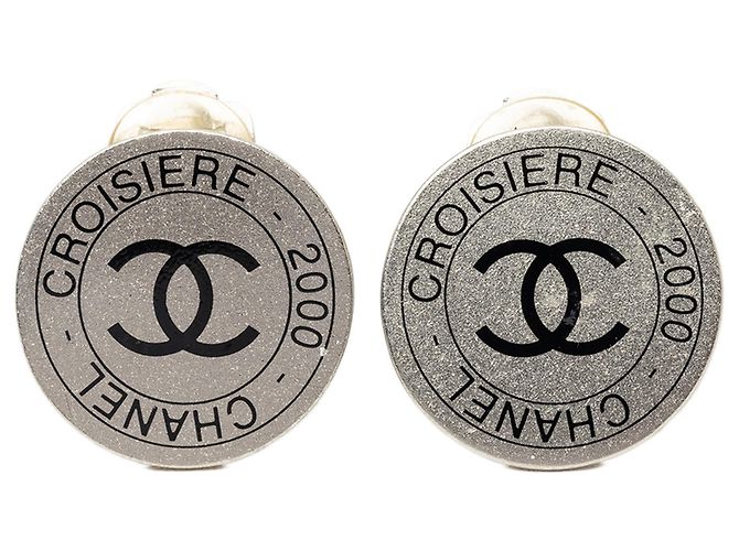 Chanel Silver CC Brass Croisiere Runde Clip-On Ohrringe