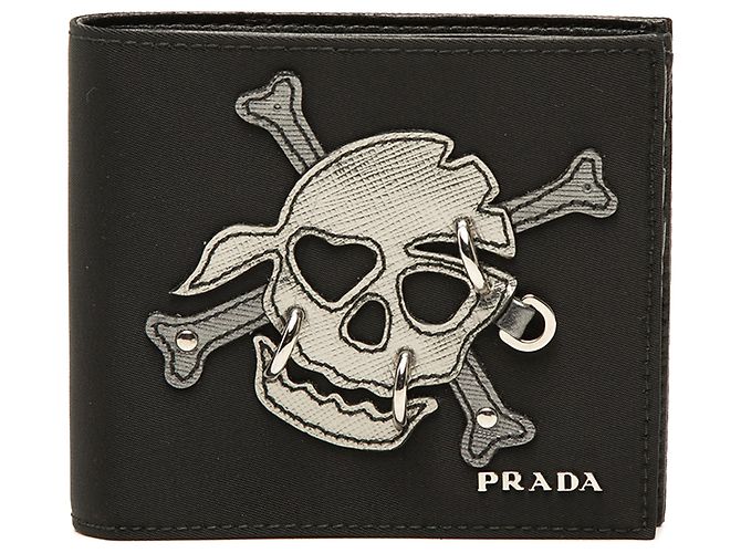 Prada Black Tessuto Patchwork Bifold Wallet mit durchstochenem Totenkopf