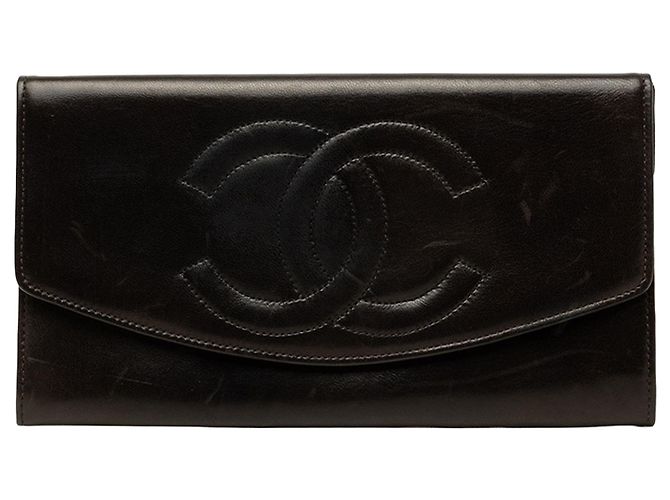 Chanel Black CC Lambskin Stitched Double Flap Long Wallet