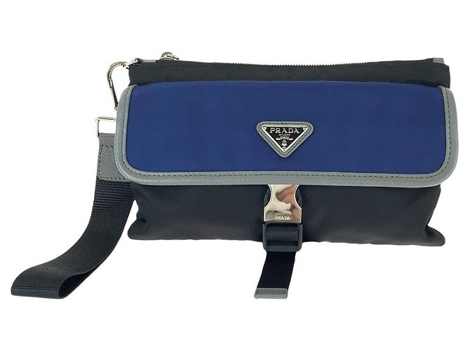 Pochette Prada en Nylon Cuir Tessuto Saffiano Logo Bleu